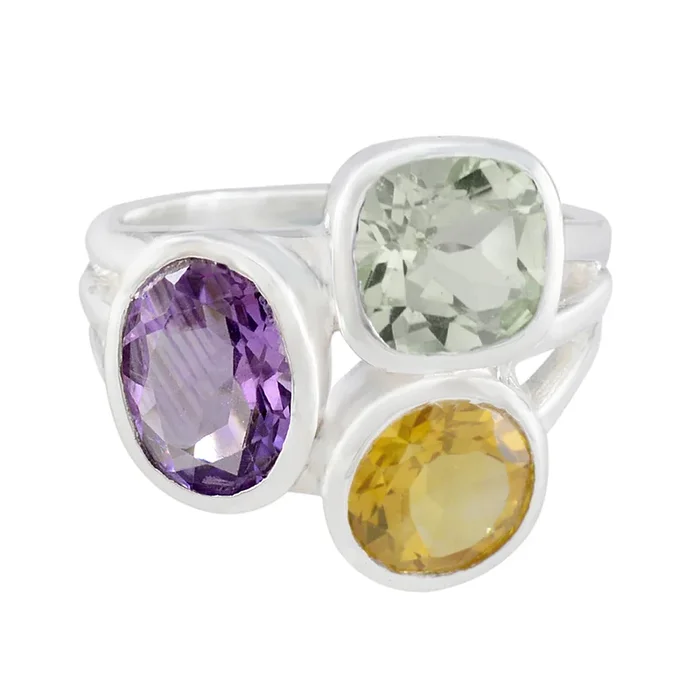 Multi Stone Trilogy Egyptian 925 Sterling Silver multicolor Gemstones Eye-catching Cocktail Ring Jewelry