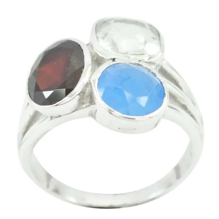 Multi Stone Trilogy Egyptian Silver multicolor Gems Mid-weight Cocktail Ring Jewellery