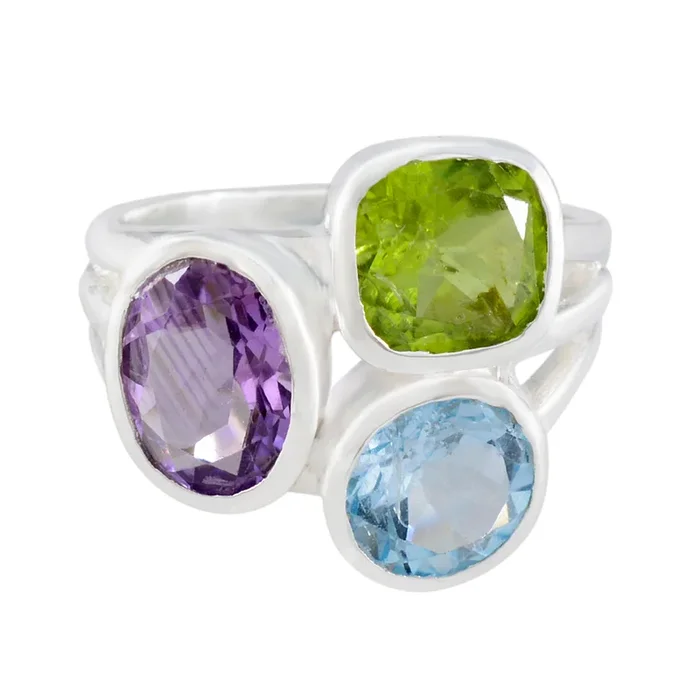 Multi Stone Trilogy French Sterling Silver multicolor Gemstone Eye-catching Cocktail Ring Jewellery