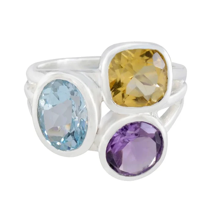 Multi Stone Trilogy Indian Silver multicolor Gemstone Eye-catching Cocktail Ring Jewelry