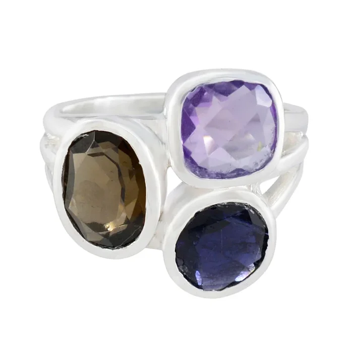 Multi Stone Trilogy Moroccan Sterling Silver multicolor Gems Eye-catching Cocktail Ring Jewelry