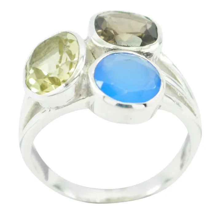 Multi Stone Trilogy Russian 92.5 Silver multicolor Gemstone Mid-weight Cocktail Ring Jewellery