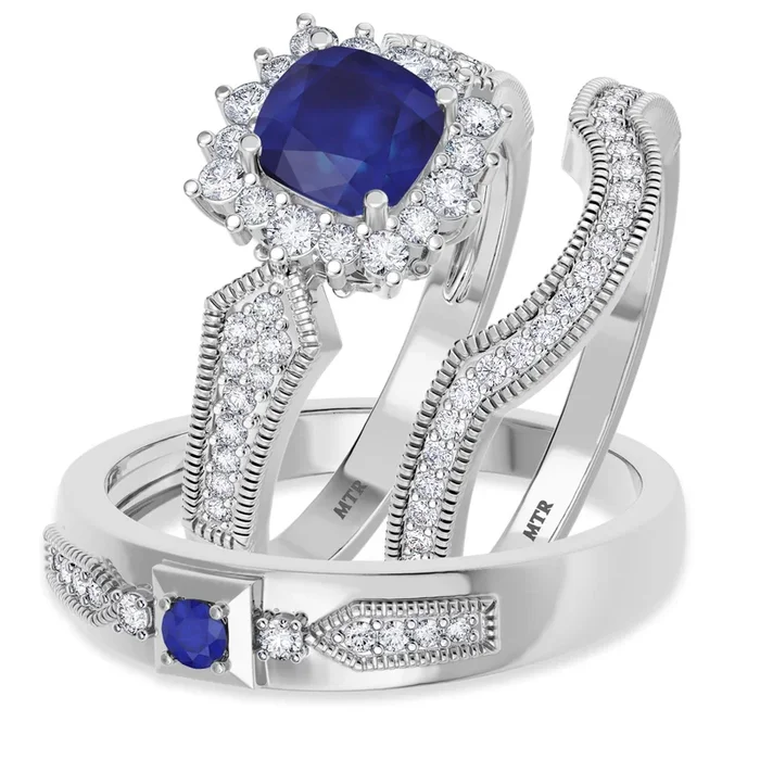 My Trio Rings Kassia 1-1/2 Carat T.W. Sapphire and Diamond Trio Matching Wedding Ring Set 10KT White Gold