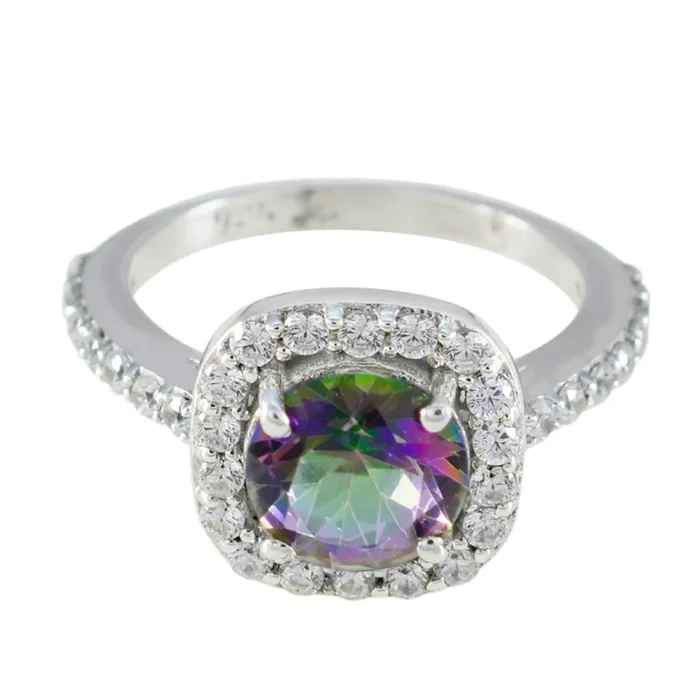Mystic Quartz Halo Moroccan 925 Silver multicolor Gemstone Slim Graceful Ring Jewellery