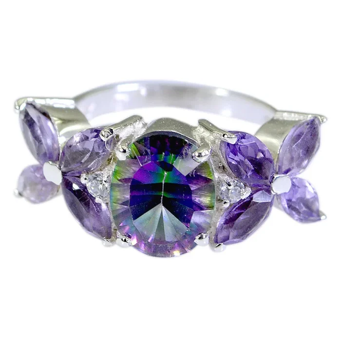 Mystic Quartz Navratna Moroccan 925 Silver multicolor Gems Mid-weight Floral Ring Jewelry