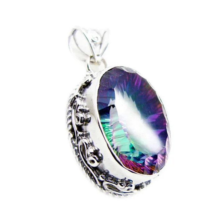 Mystic Quartz Statement American Sterling Silver Solitaire Sara Rope-Wire multicolor Pendant Jewellery