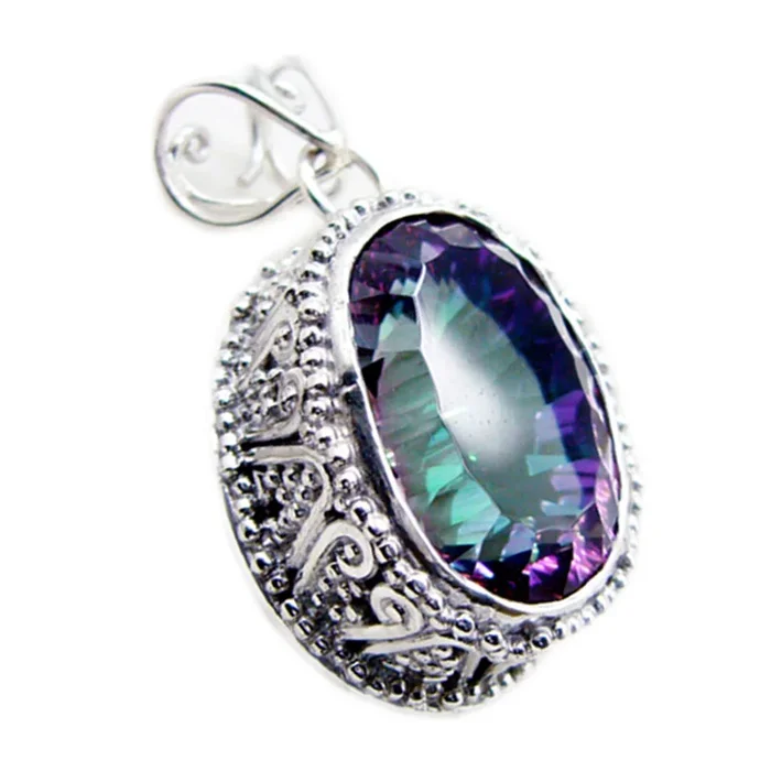 Mystic Quartz Statement Mexican Sterling Silver Solitaire Agnes Rope-Wire multicolor Pendant Jewellery