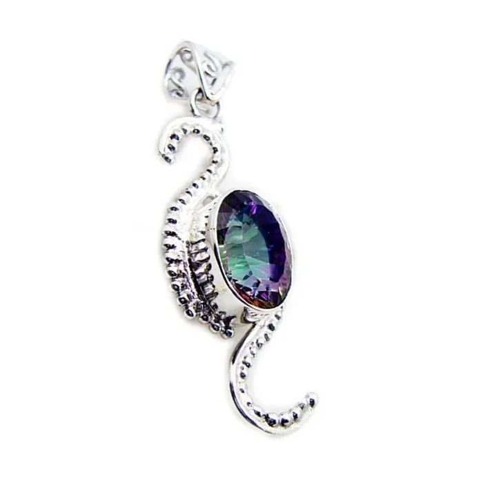 Mystic Quartz Statement Moroccan Sterling Silver Solitaire Victoria Rope-Wire multicolor Pendant Jewellery