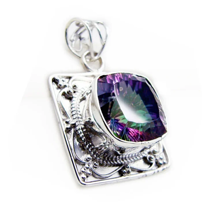 Mystic Quartz Statement Turkish Sterling Silver Solitaire Camila Rope-Wire multicolor Pendant Jewellery