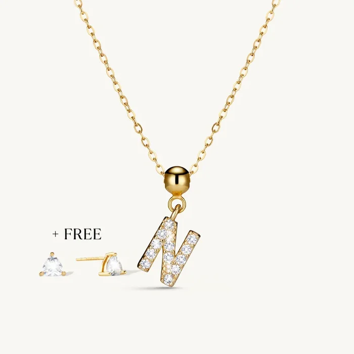 N Diamond Initial Charm Necklace + FREE Diamond Trio Studs Gold