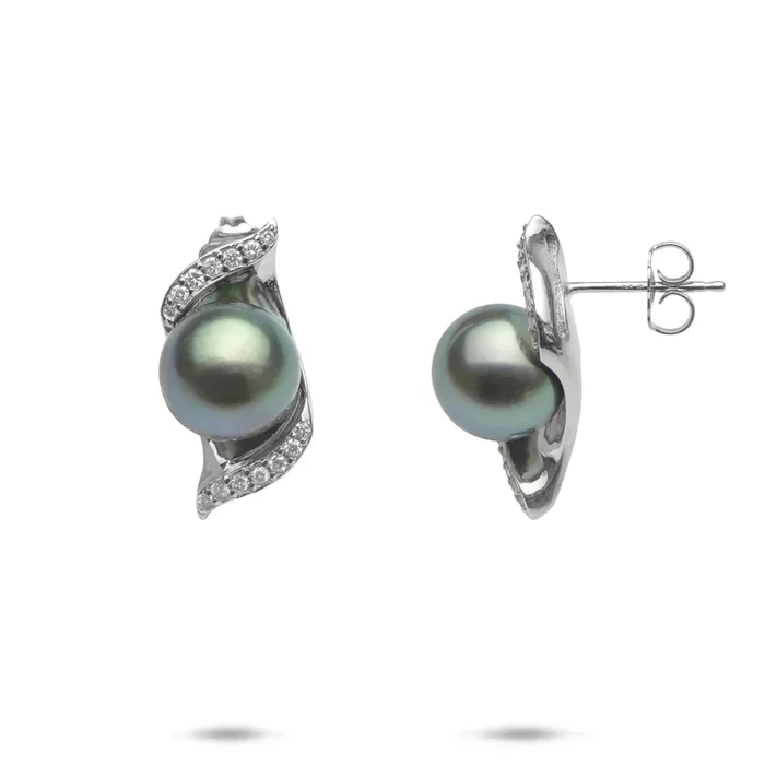 Nalu Tahitian Black Pearl Earrings in White Gold with Diamonds – 9-10mm