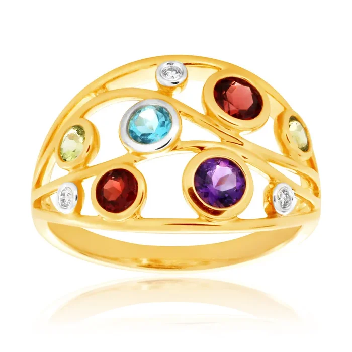 Natural Amethyst, Blue Topaz, Garnet, Peridot & Diamond Ring in 9ct Yellow Gold