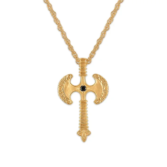Natural Black Diamond Accent 22-inch Axe Pendant in Gold Plated Sterling Silver