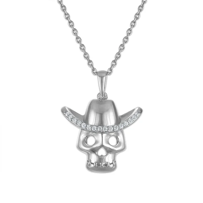 Natural Diamond Accent 18-inch Calaca in Hat Pendant in Sterling Silver