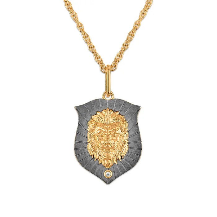 Natural Diamond Accent 22-inch Lion Head Pendant in Gold Plated Sterling Silver