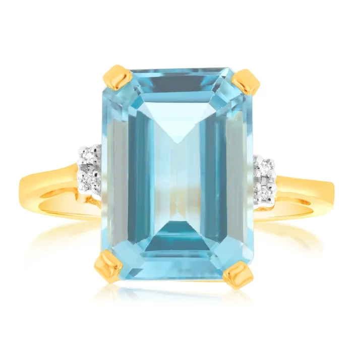 Natural Emerald Cut 14x10mm Blue Topaz & Small Diamonds in 9ct Yellow Gold