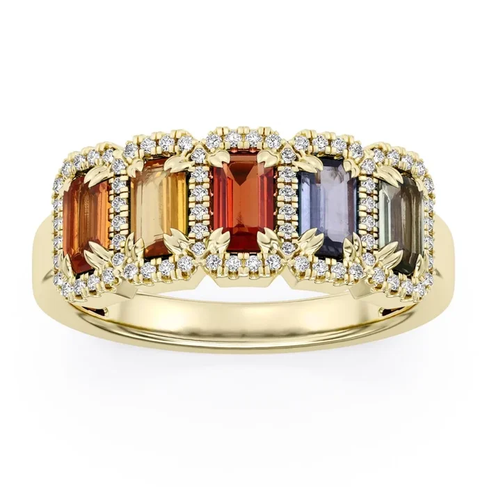 Natural Multicolor Sapphires and Diamond Ring in 10KT Yellow Gold