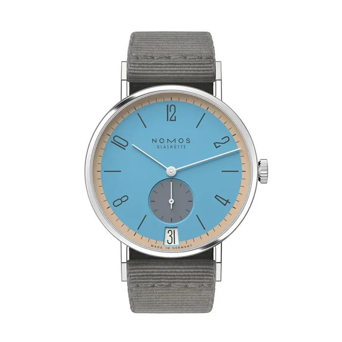 Nomos Tangente 38 Date Delfin watch – Limited 175-year mechanical edition grey 37.5 mm – Lepage textile bracelet
