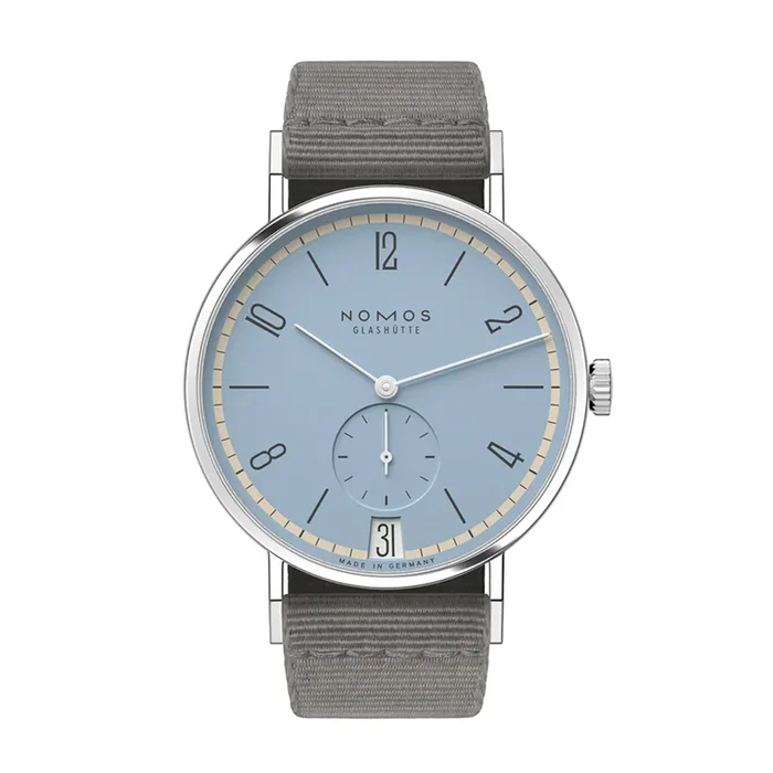 Nomos Tangente 38 Date Frostblau watch – Limited 175-year mechanical edition grey textile bracelet 37.5 mm – Lepage