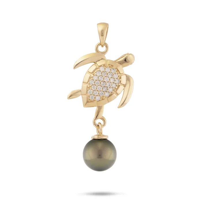 Ocean Dance Honu (Sea Turtle) Tahitian Black Pearl Pendant in Gold with Diamonds – 9-10mm