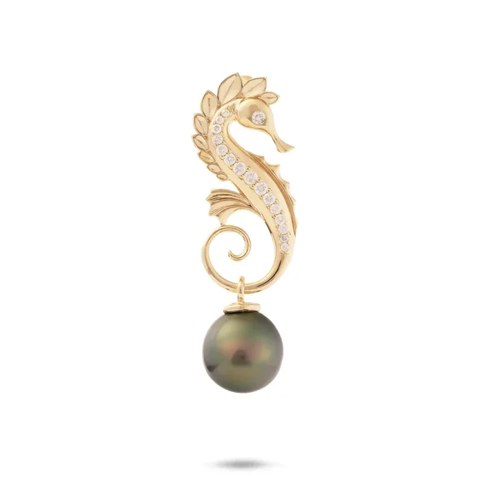 Ocean Dance Seahorse Tahitian Black Pearl Pendant in Gold with Diamonds – 9-10mm