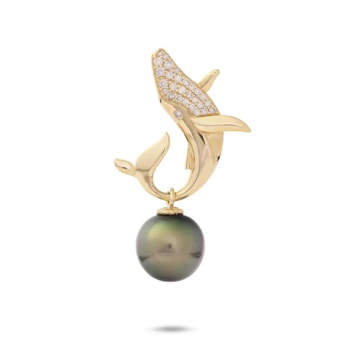 Ocean Dance Whale Tahitian Black Pearl Pendant in Gold with Diamonds – 9-10mm