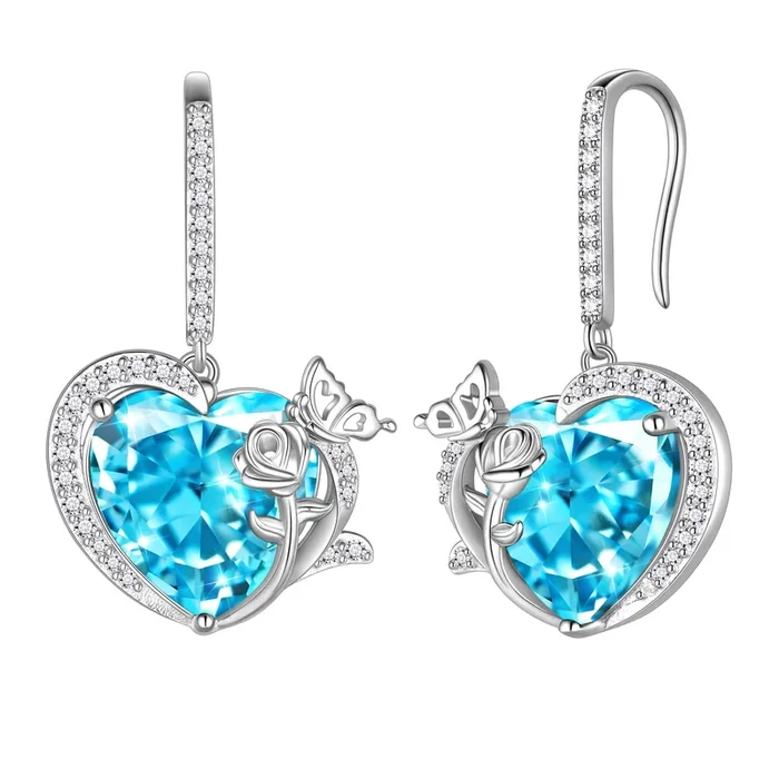 Ohrhänger mit Herz, Aquamarinblau, Schmetterling und Blume – 925er Sterlingsilber, Geburtsstein für Damen im März – Schmuckstück mit Hakenverschluss – Geschenkidee zum Geburtstag für die Mutter