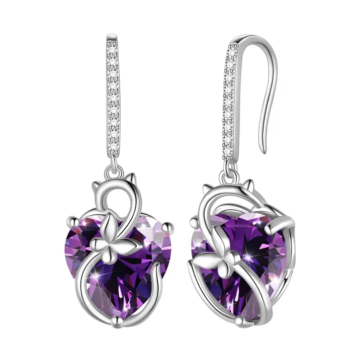 Ohrringe mit Katzen- und Schmetterlingsmotiv für Damen, 925er Sterlingsilber, Hängeohrringe mit lila Herz und Amethyst, Geburtsstein für Februar, Schmuck, Geschenkidee für Muttertag, Weihnachten, Geburtstag, Valentinstag für die Ehefrau