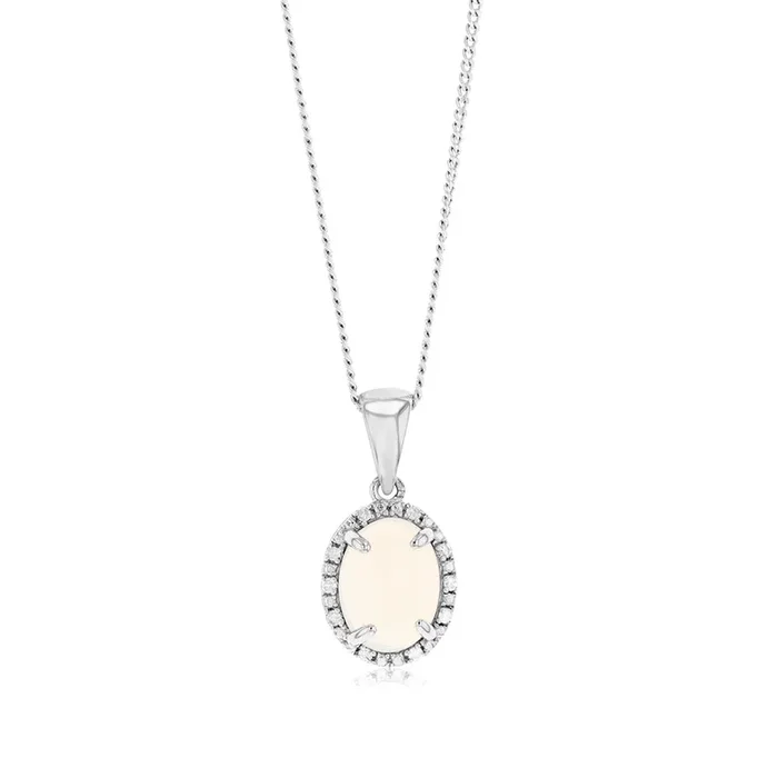 Opal & 5 Points Diamond Pendant in Sterling Silver