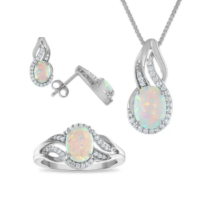 Opal and White Sapphire Halo Ring Pendant Earrings Set In Sterling Silver