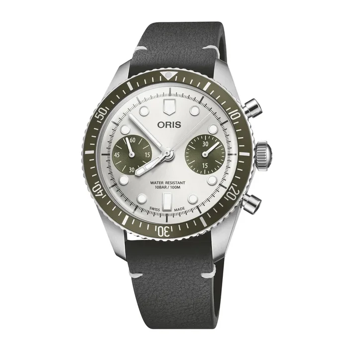 Oris Divers Sixty-Five Automatic Chronograph Watch with gray and green dial, black leather strap, 40 mm – Lepage