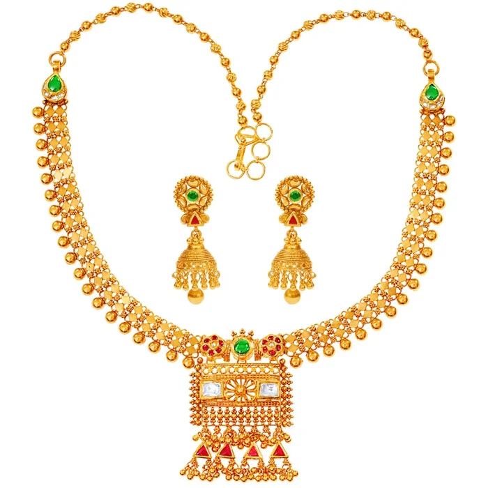 Ornate Antique Necklace Set With Kundan & Gemstones in 22K Gold