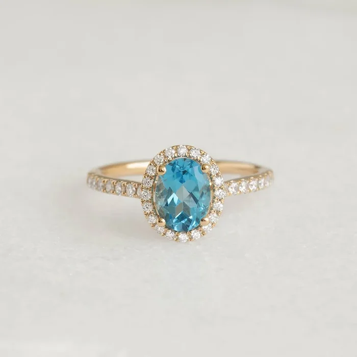 Oval Swiss Blue Topaz Halo Ring 14k Gold – Suna