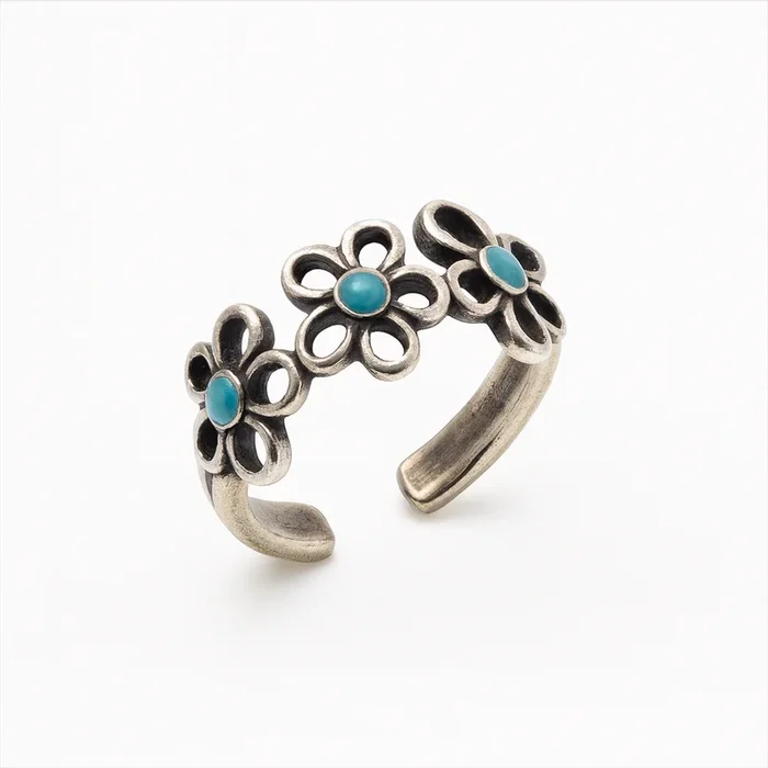 Oxidized 925 Sterling Silver Adjustable Turquoise Flower Toe Ring – TR319
