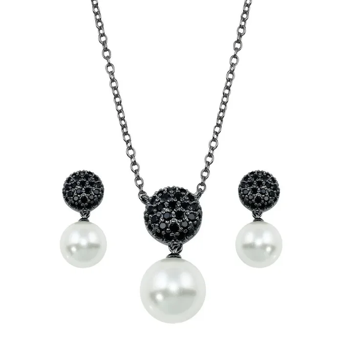 Oxidized 925 Sterling Silver Rhodium Plated Black Pearl Drop CZ Dangling Set – BGS00415
