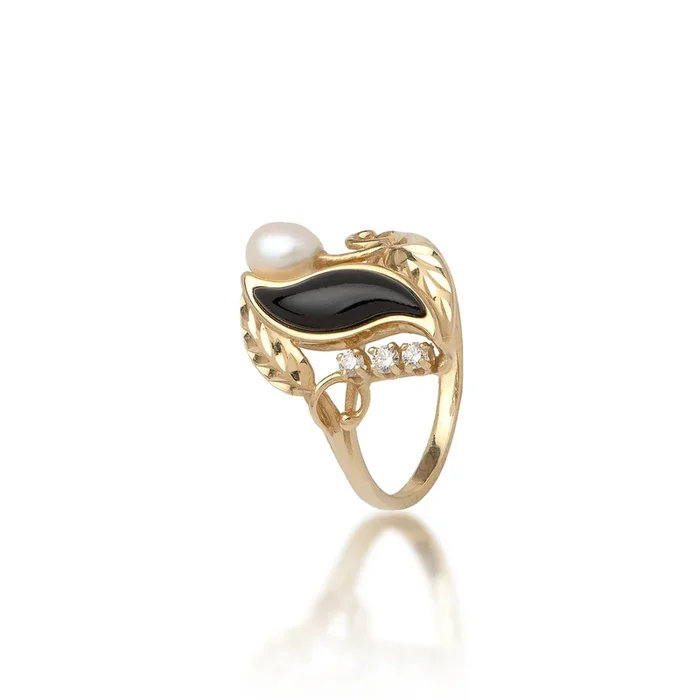 Paradise Black Coral & Pearl Ring in Gold with Diamonds – 21mm