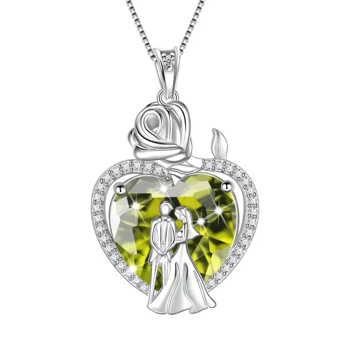Partnerkette für Damen, 925er Sterlingsilber, 15 mm, Herzanhänger mit Geburtsstein August, Rosenblüte, Verlobungsschmuck, Valentinstagsgeschenk für Ehefrau/Freundin