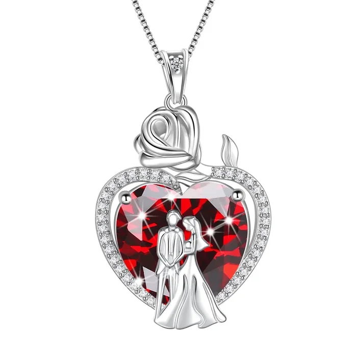 Partnerkette für Damen, 925er Sterlingsilber, 15 mm, Herzanhänger mit Geburtsstein Januar, Rosenblüte, Verlobungsschmuck, Valentinstagsgeschenk für Ehefrau/Braut