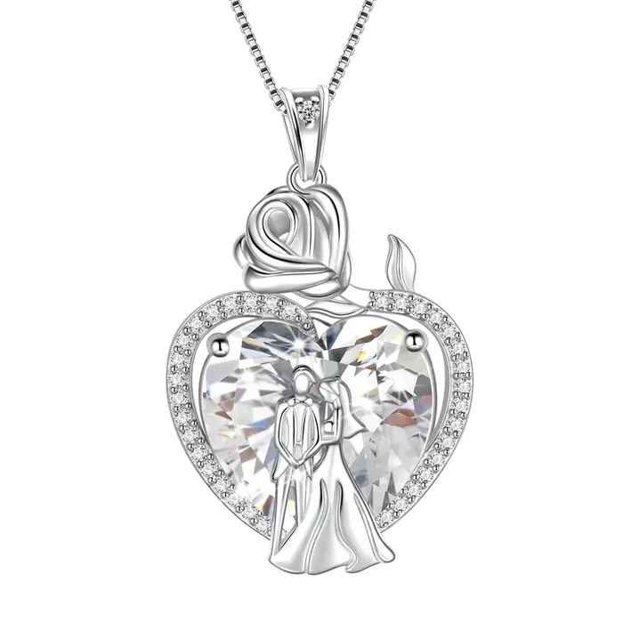 Partnerkette für Damen, 925er Sterlingsilber, 15 mm, Herzanhänger mit Rosenblüte, Geburtsstein April, ideal als Verlobungs- oder Hochzeitsgeschenk oder Valentinstagsgeschenk für Ehefrau und Braut.