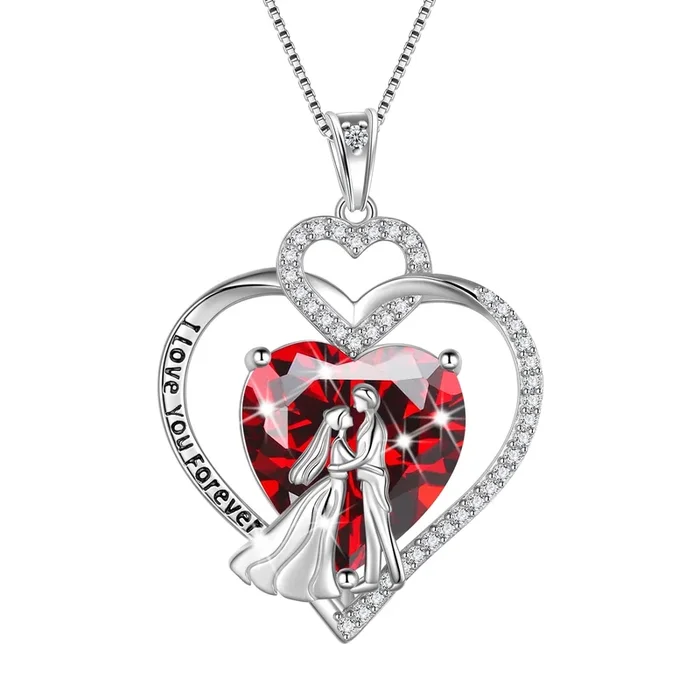 Partnerkette für Damen, 925er Sterlingsilber, Herzanhänger mit Geburtsstein Januar, graviert, Brautschmuck, Verlobungsschmuck, Valentinstagsgeschenk für Ehefrau/Freundin