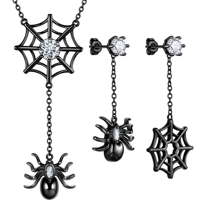 Parure de bijoux d’Halloween pour femme, collier et boucles d’oreilles araignées–Accessoires de déguisement pour fête cosplay
