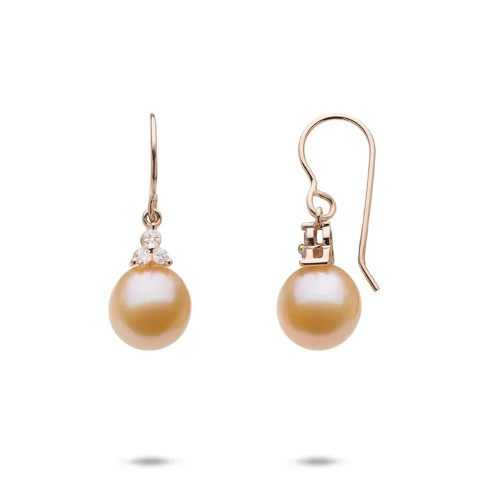 Peach Freshwater Pearl Earrings in Rose Gold with Diamonds – 9-10mm