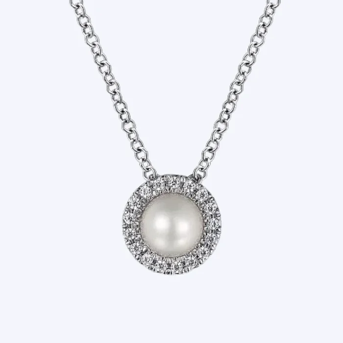Pearl and Diamond Halo Pendant Necklace