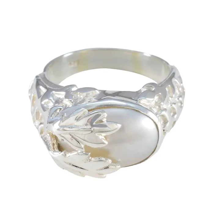 Pearl Solitaire Egyptian 92.5 Silver White Gemstones Essential Leafy Ring Jewellery