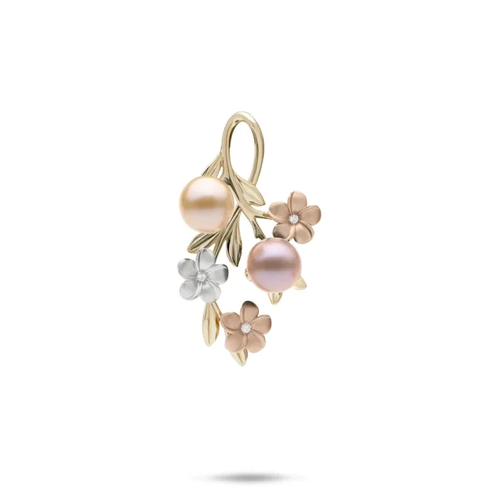 Pearls in Bloom Plumeria Freshwater Pearl Pendant in Tri Color Gold with Diamonds – 27mm