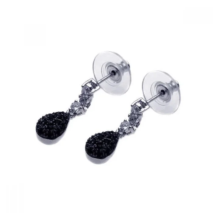 Pendiente colgante con circonita cúbica en forma de lágrima negra y transparente chapada en rodio de plata 925 – BGE00026