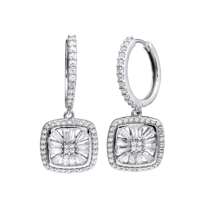 Pendiente de aro colgante cuadrado con halo de circonitas cúbicas en plata de ley 925 rodiada – STE01319