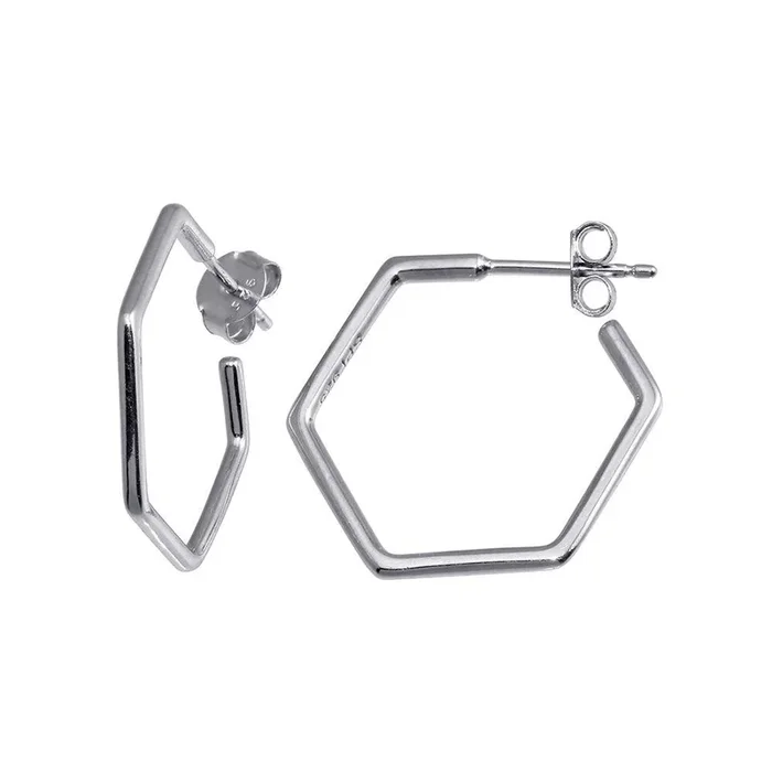 Pendiente de aro hexagonal grande de plata de ley 925 rodiada – STE01229