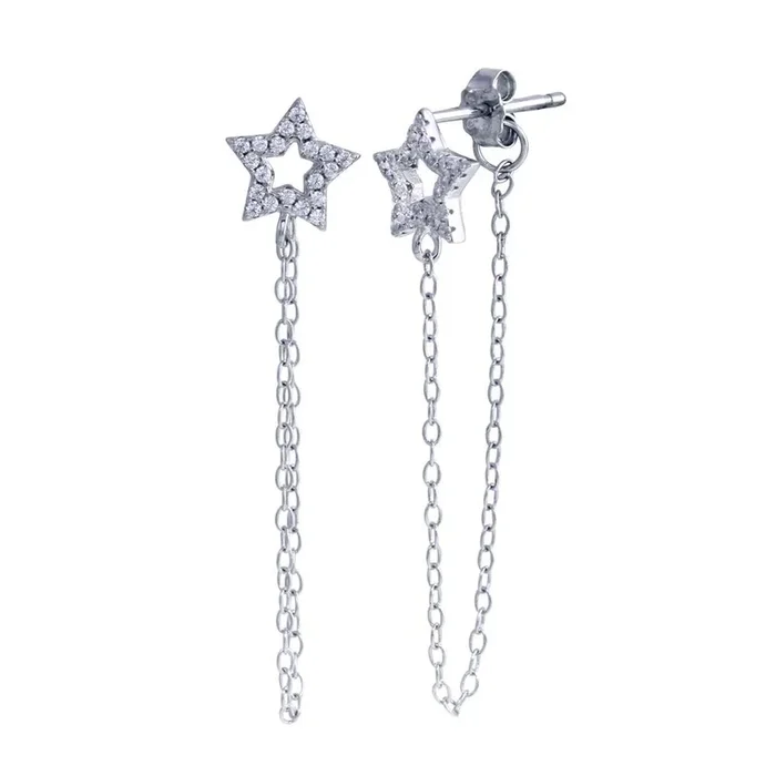Pendiente de botón con circonitas cúbicas y cadena de estrella en plata de ley 925 rodiada – STE01285