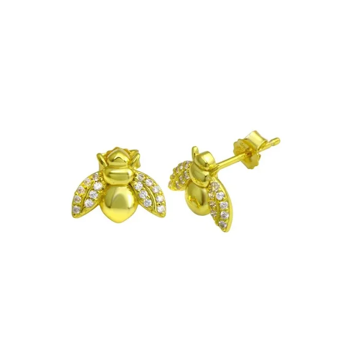 Pendiente de botón de abeja con circonita cúbica en plata de ley 925 bañado en oro – STE01281